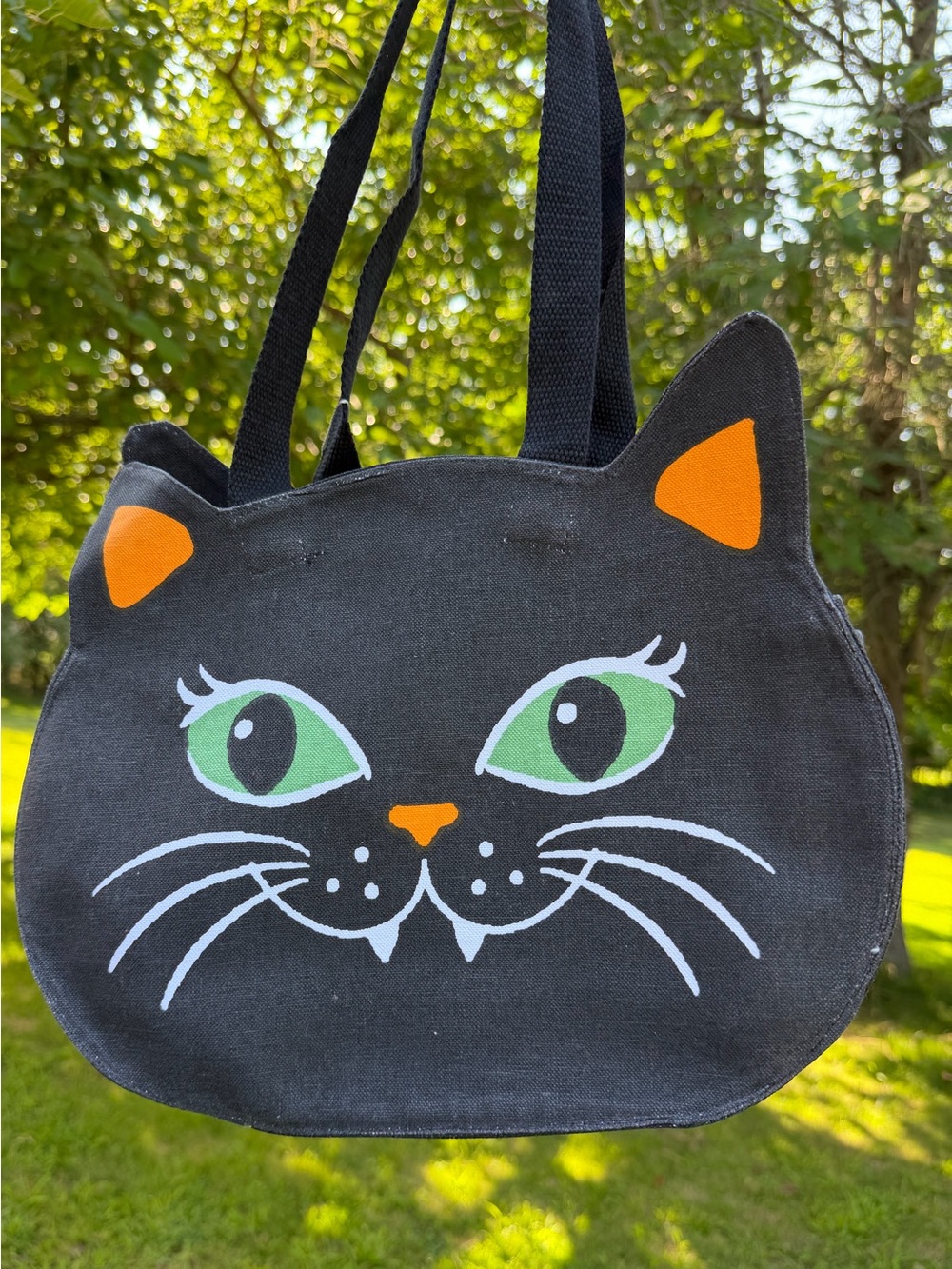 Halloween Night Black Cat Canvas Tote Bag Cat Face Green Eyes NWT